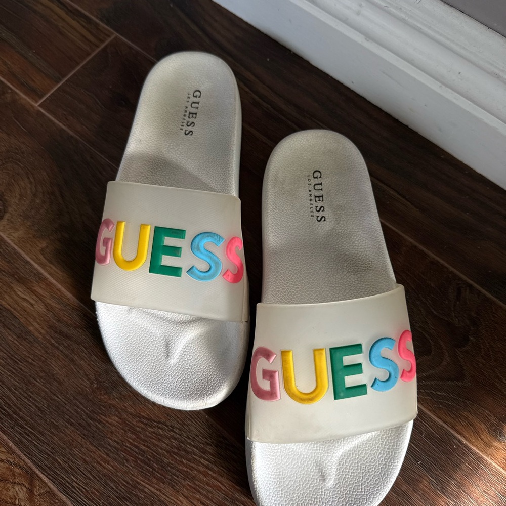 Guess White Slides with Colorful Lettering